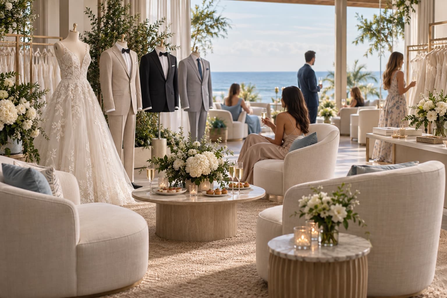 An elegant bridal lounge with wedding fashion displays, refreshments, and comfortable seating